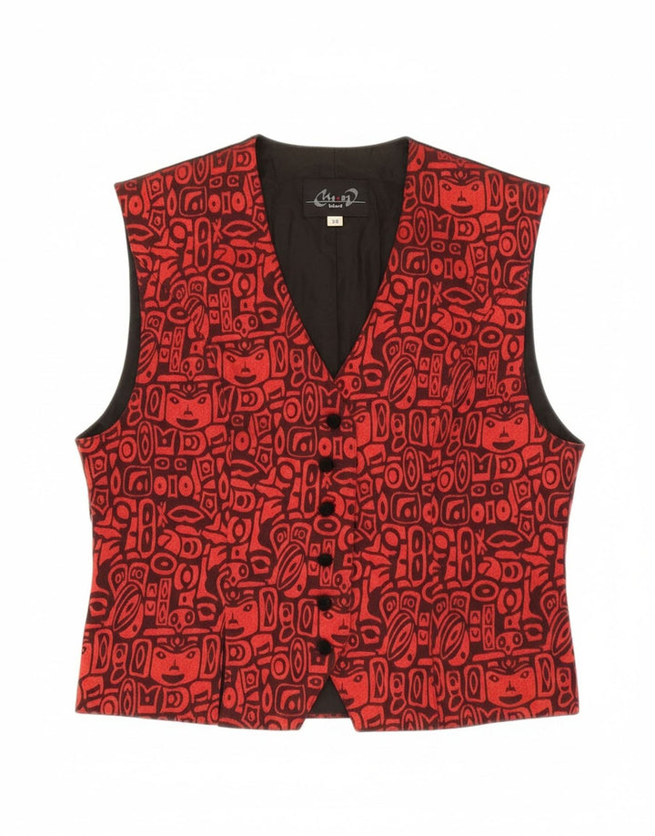 VINTAGE Womens Abstract Pattern Waistcoat EU 36 Small Red Viscose