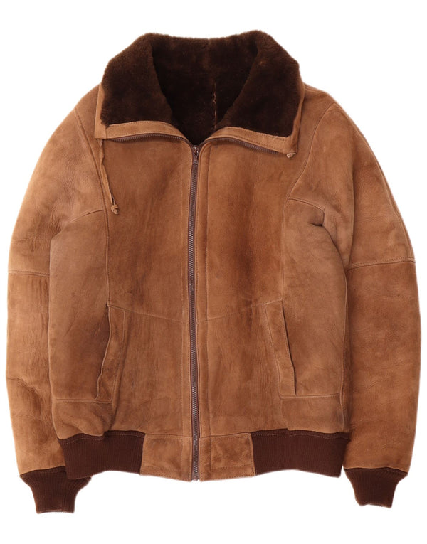 Chaqueta de piel de oveja vintage para hombre IT 52 XL Bloque de color marrón