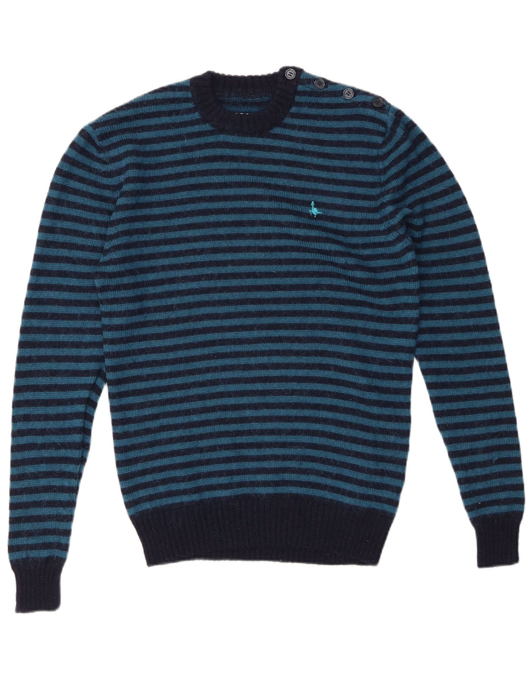 JACK WILLS Jersey de cuello redondo para hombre de lana a rayas azul marino pequeño