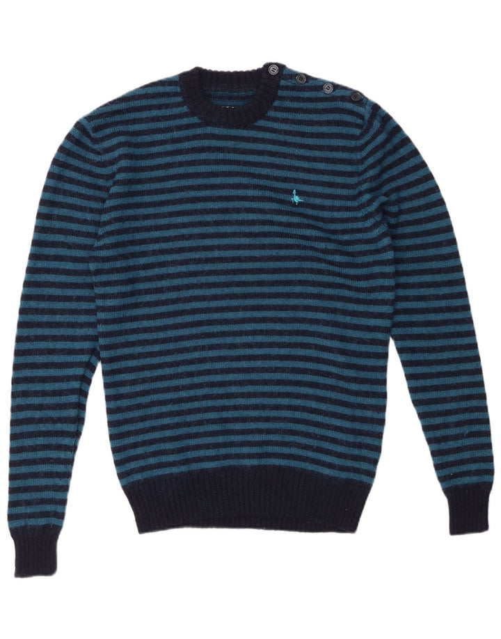 JACK WILLS Jersey de cuello redondo para hombre de lana a rayas azul marino pequeño