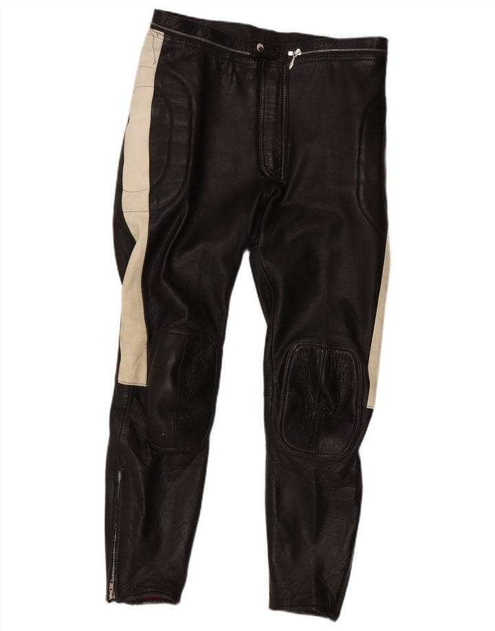 Pantalones motociclistas de cuero vintage para hombre W34 L30 Bloque de color negro