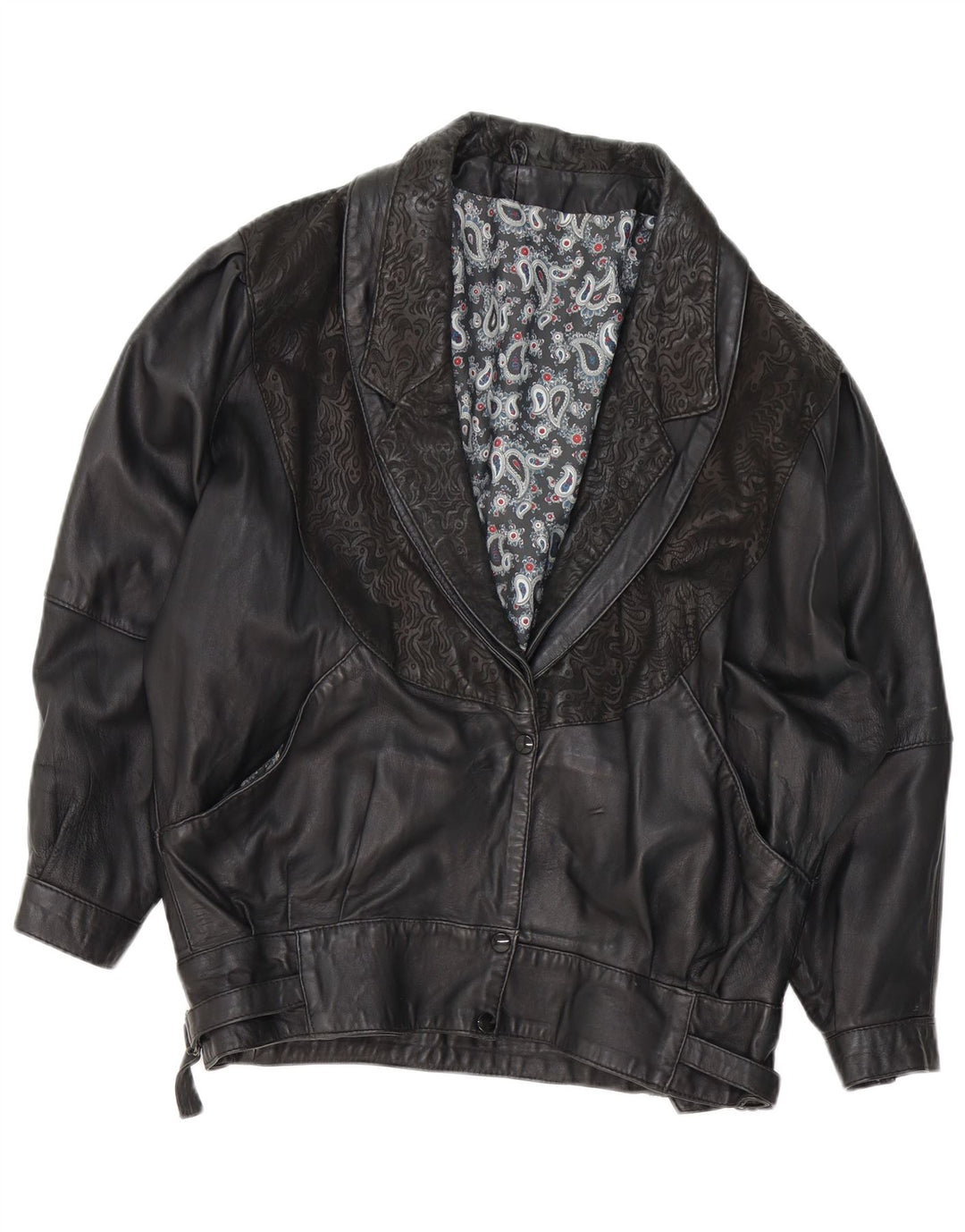 VINTAGE Chaqueta de cuero para mujer Reino Unido 18 XL Negro Paisley