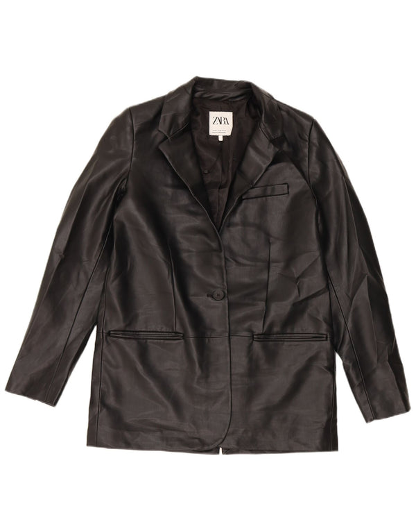 Zara Chaqueta Blazer De Piel Sintética Con 1 Botón Para Mujer UK 6 XS Poliuretano Negro