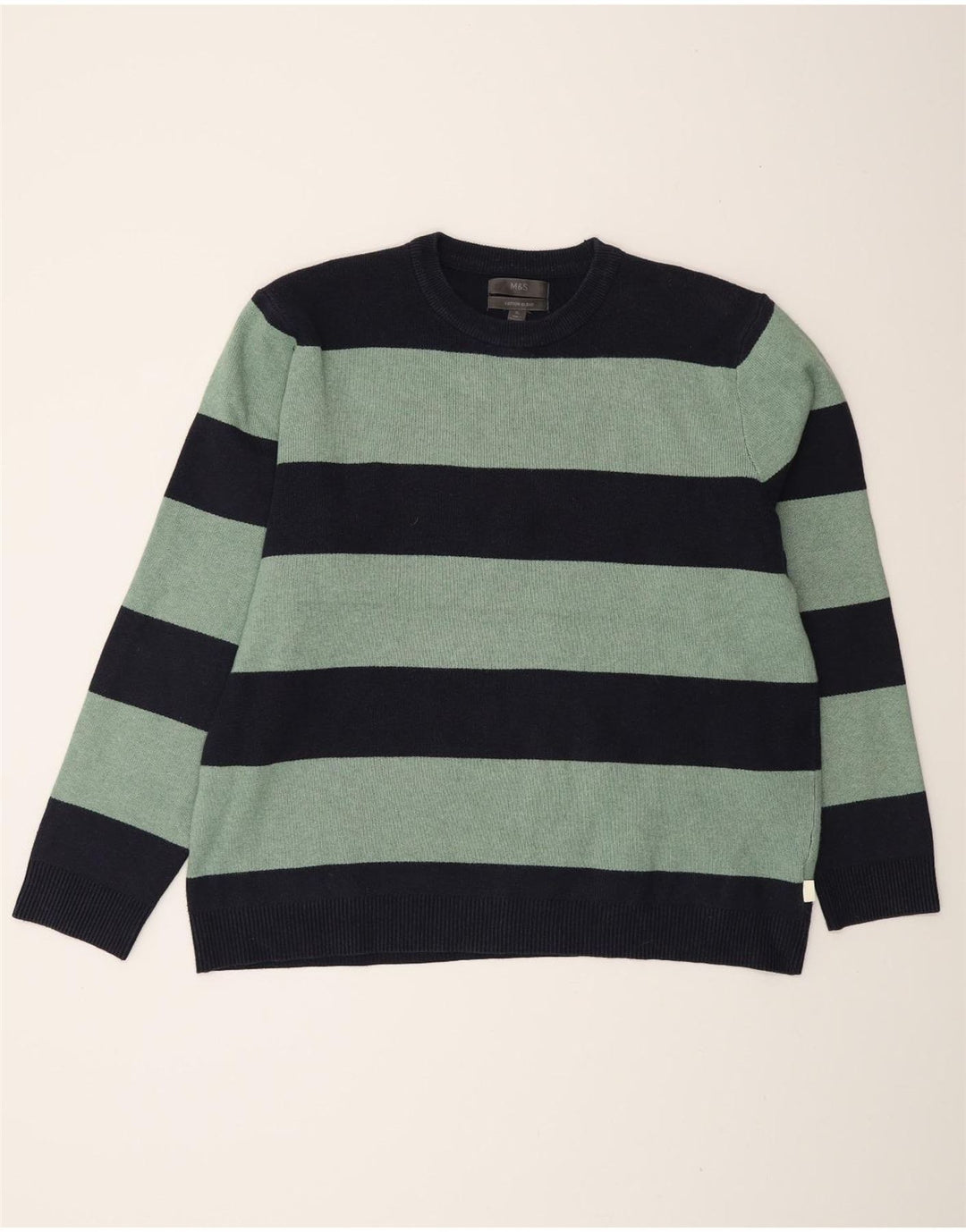 Marks & Spencer - Jersey de cuello redondo para hombre, talla XL, color azul marino a rayas