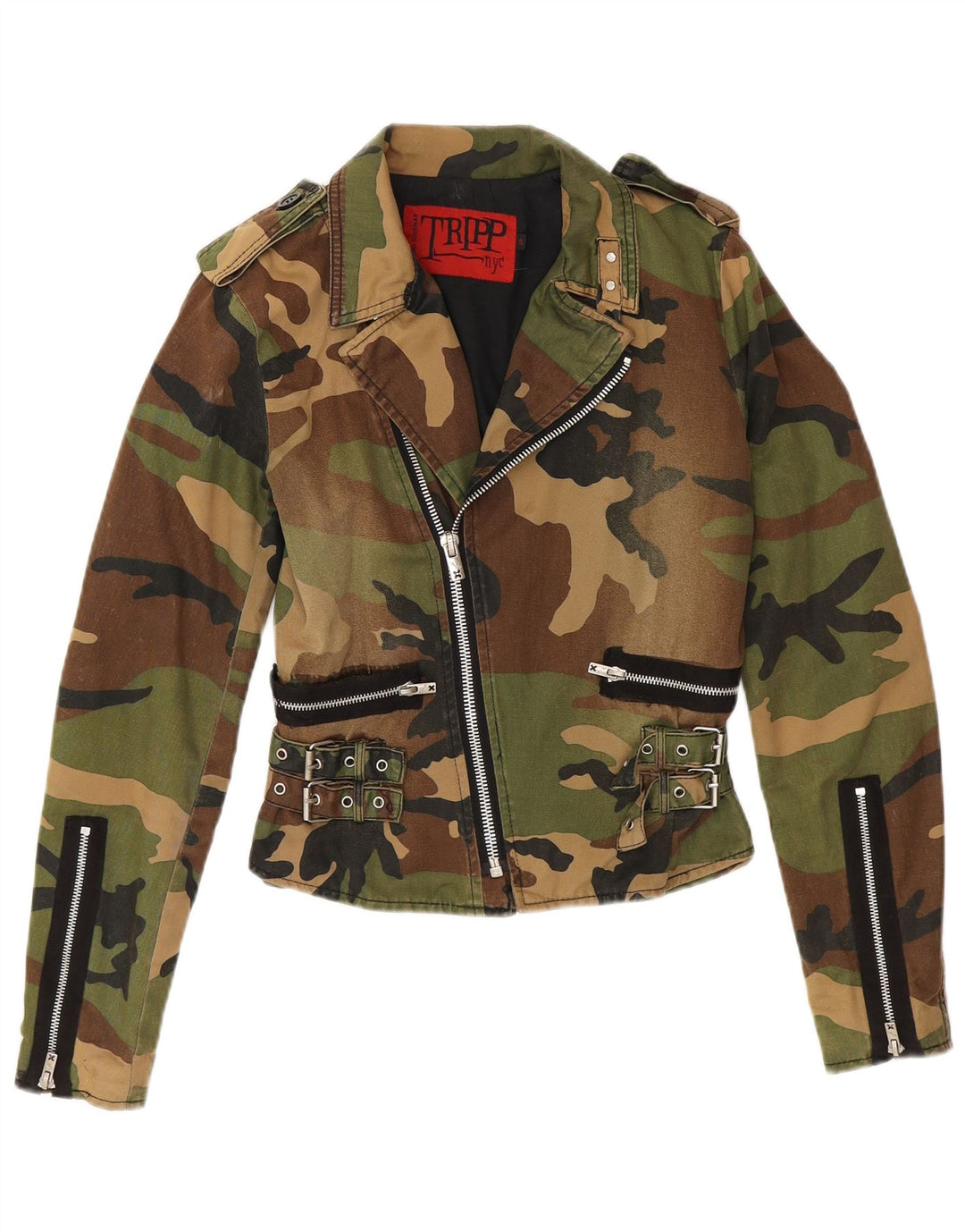 TRIPP NYC Chaqueta militar corta para mujer UK 10 Small Khaki Camuflaje Algodón