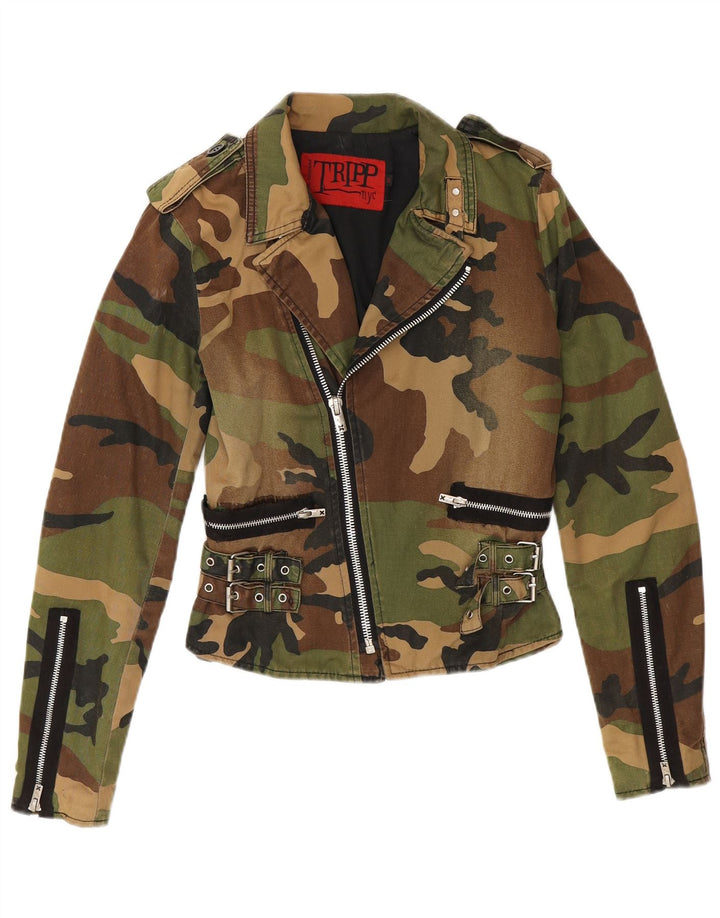 TRIPP NYC Chaqueta militar corta para mujer UK 10 Small Khaki Camuflaje Algodón