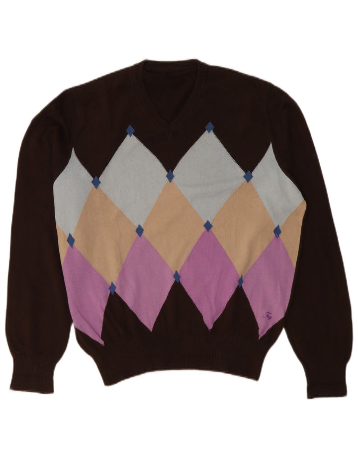 Fay Jersey con Cuello en V para Hombre Large Brown Argyle/Diamond