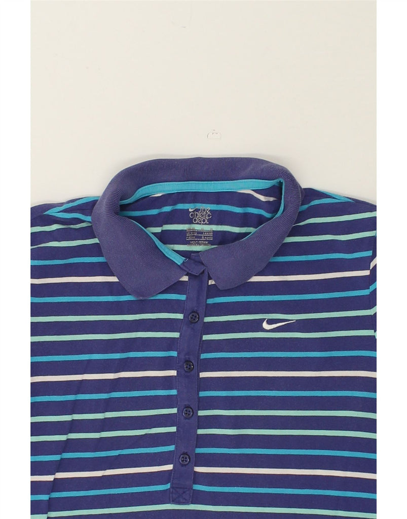 NIKE Womens Polo Shirt UK 14 Medium Navy Blue Striped Cotton | Vintage Nike | Thrift | Second-Hand Nike | Used Clothing | Messina Hembry 