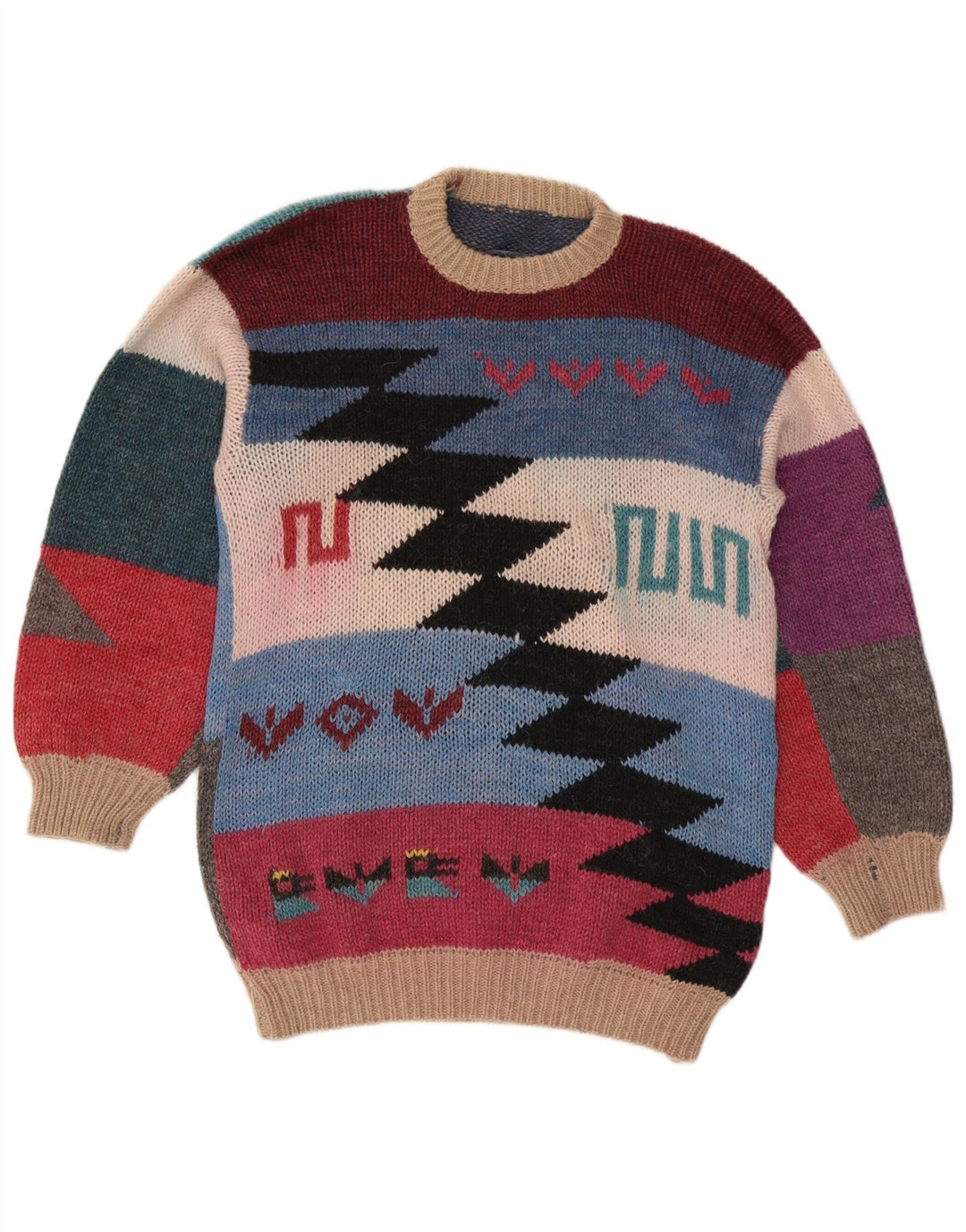 Vintage mujer cuello redondo jersey suéter Reino Unido 14 medio multicolor