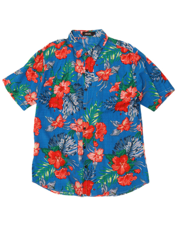 Jogal Hombre Camisa De Manga Corta Grande Azul Floral Algodón