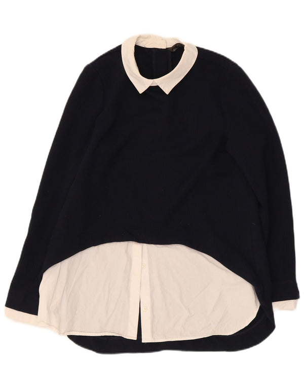 Zara Mujer Blusa De Manga Larga Top UK 40 Small Azul Marino Colorblock