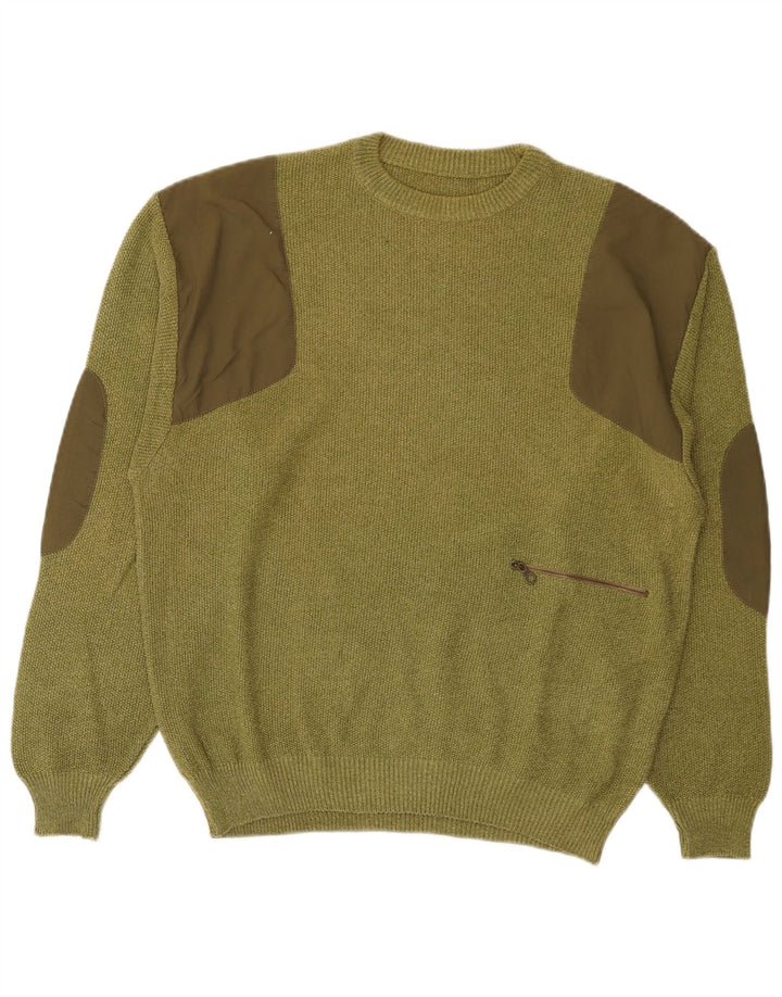 Vintage hombres cuello redondo jersey suéter medio caqui colorblock algodón