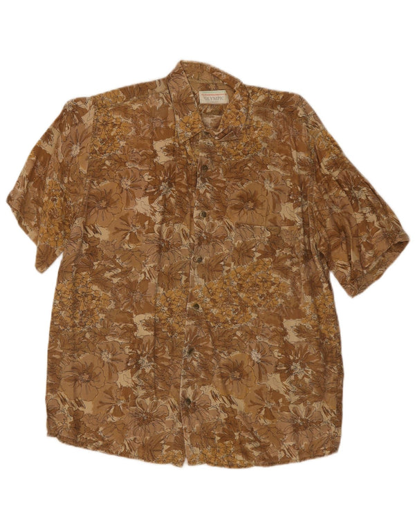 Vintage hombres camisa de manga corta pequeña viscosa floral marrón