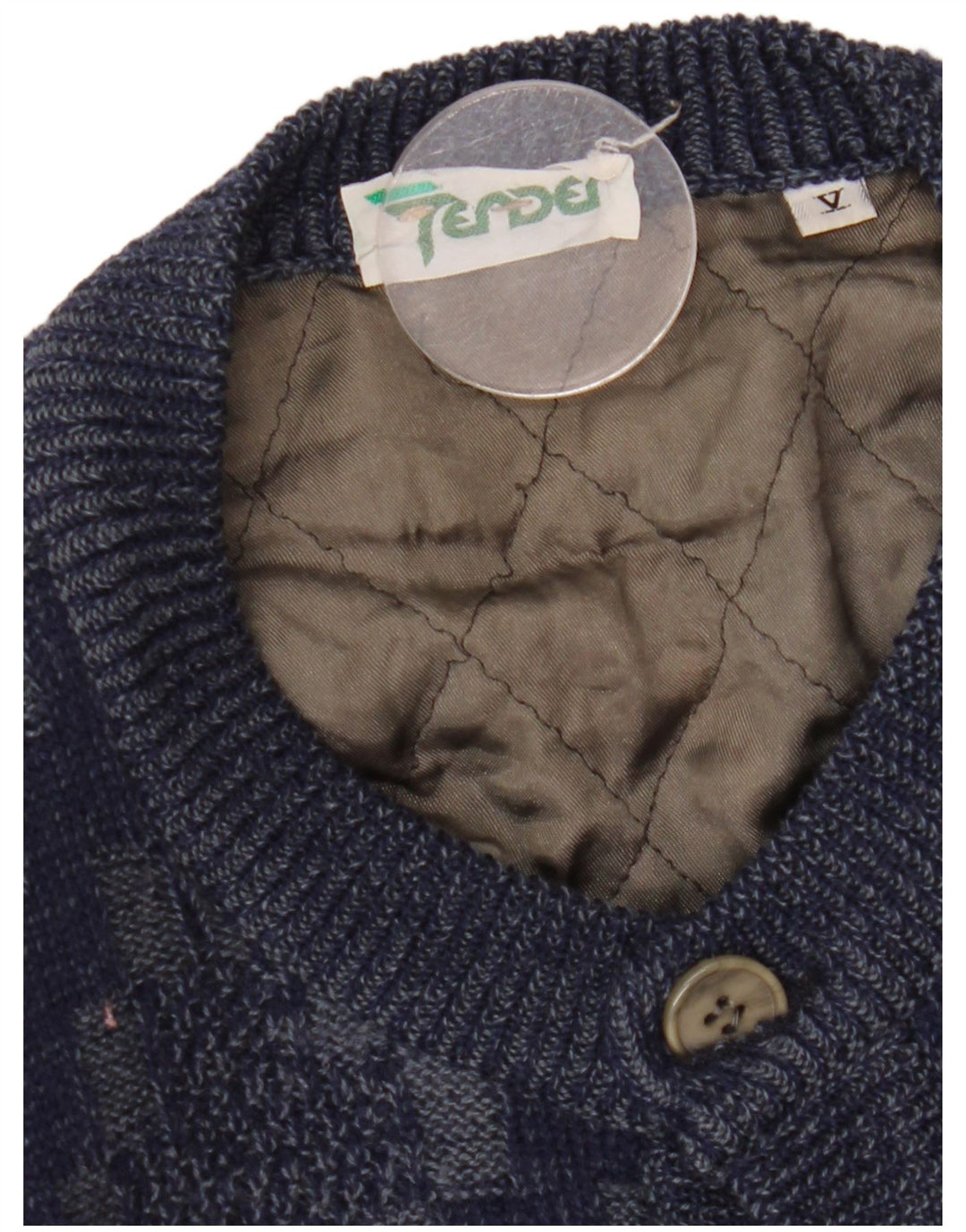 VINTAGE Hombres Cardigan Suéter Grande Azul Marino Geométrico Viscosa