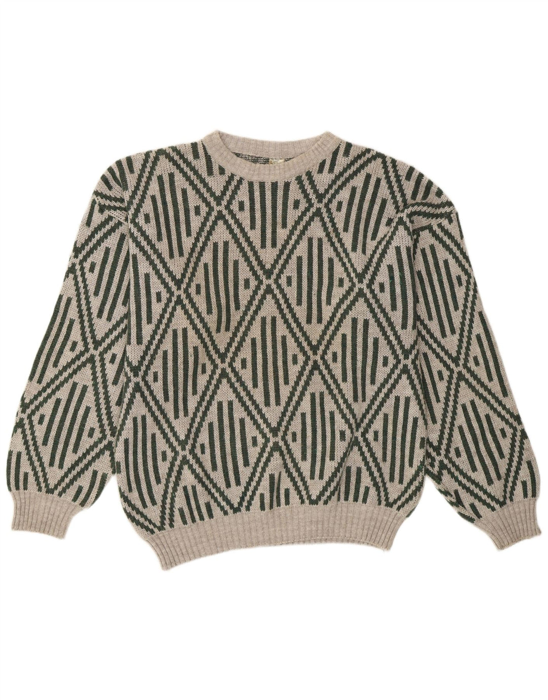 Vintage hombres cuello redondo jersey suéter medio gris geométrico acrílico