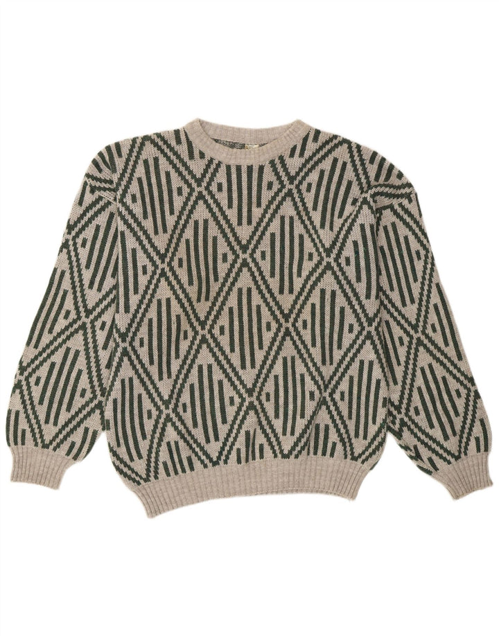 Vintage hombres cuello redondo jersey suéter medio gris geométrico acrílico