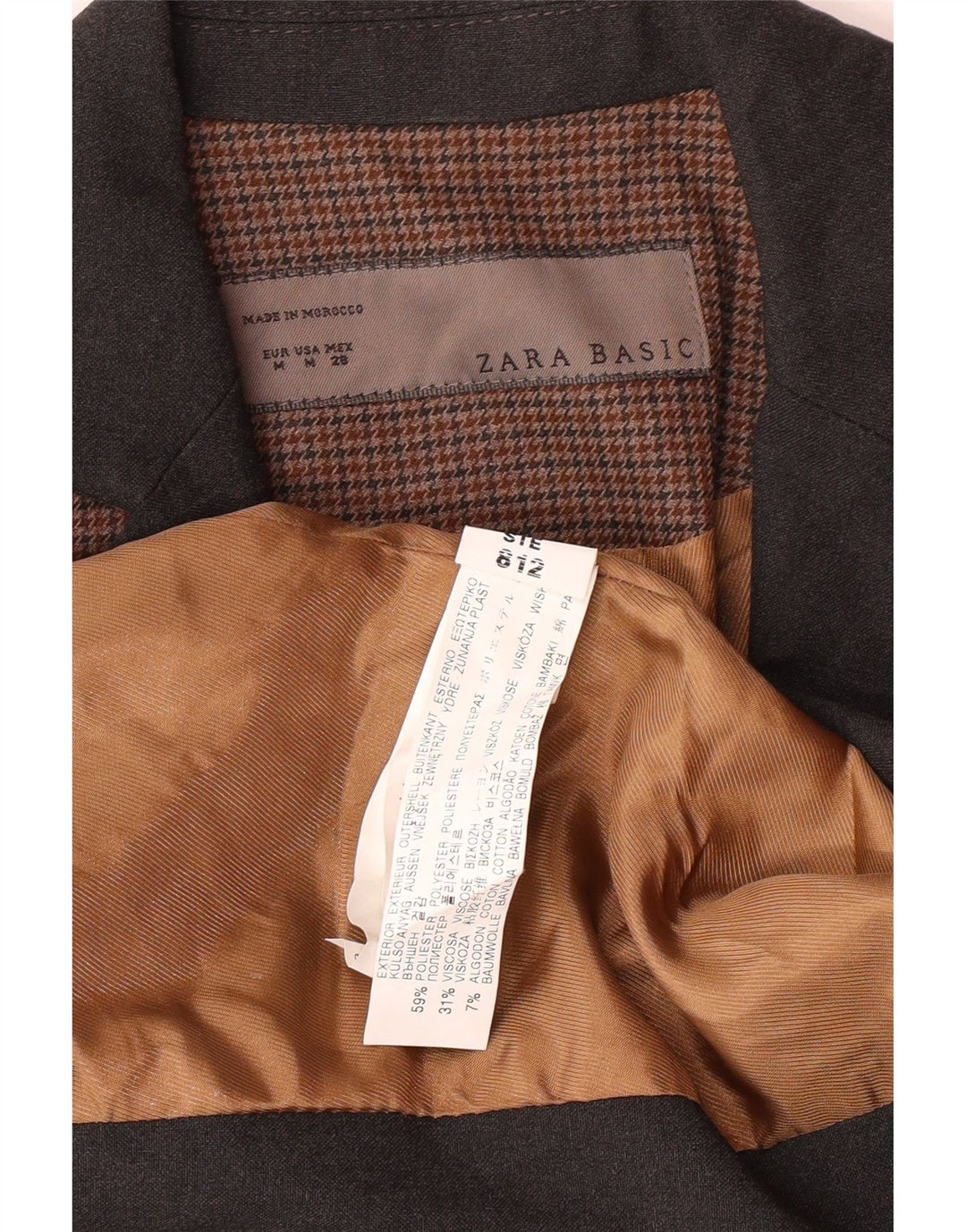 Zara Mujer Chaqueta Blazer Básica UK 42 Marrón Medio Pata De Gallo Clásico