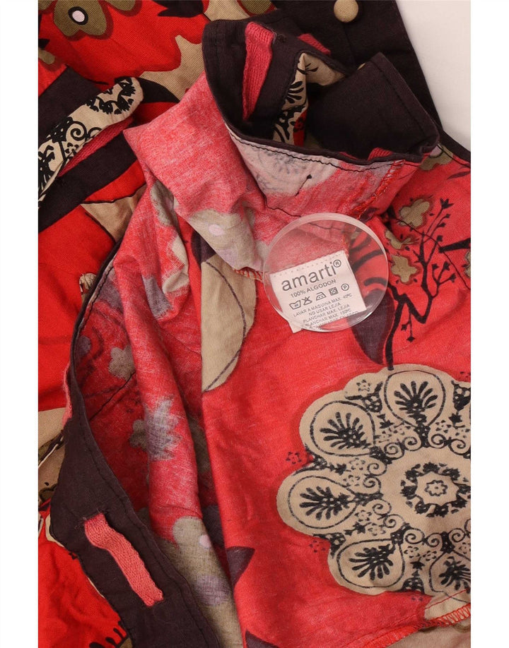 Vintage mujer manga larga vestido básico Reino Unido 12 algodón floral rojo medio