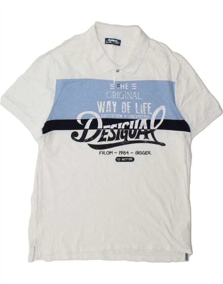 DESIGUAL Mens Graphic Polo Shirt 2XL White Cotton Vintage Desigual and Second-Hand Desigual from Messina Hembry 