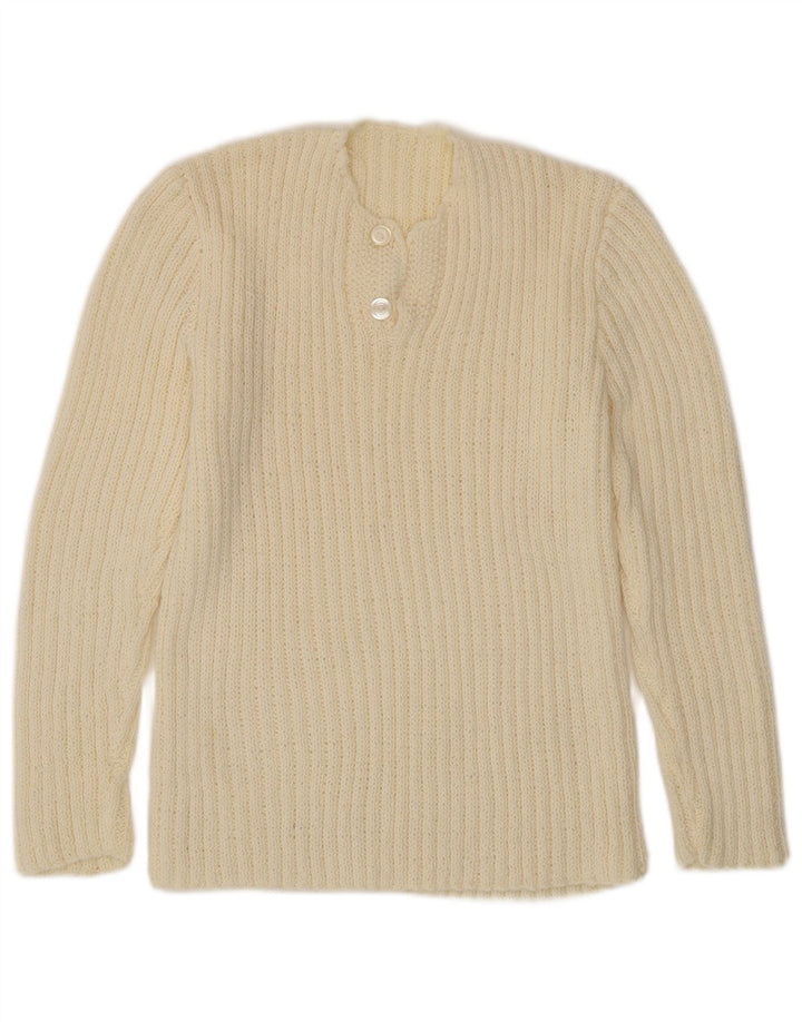 VINTAGE Mujer Botón Cuello Jersey Suéter Reino Unido 12 Medio Blanco Apagado