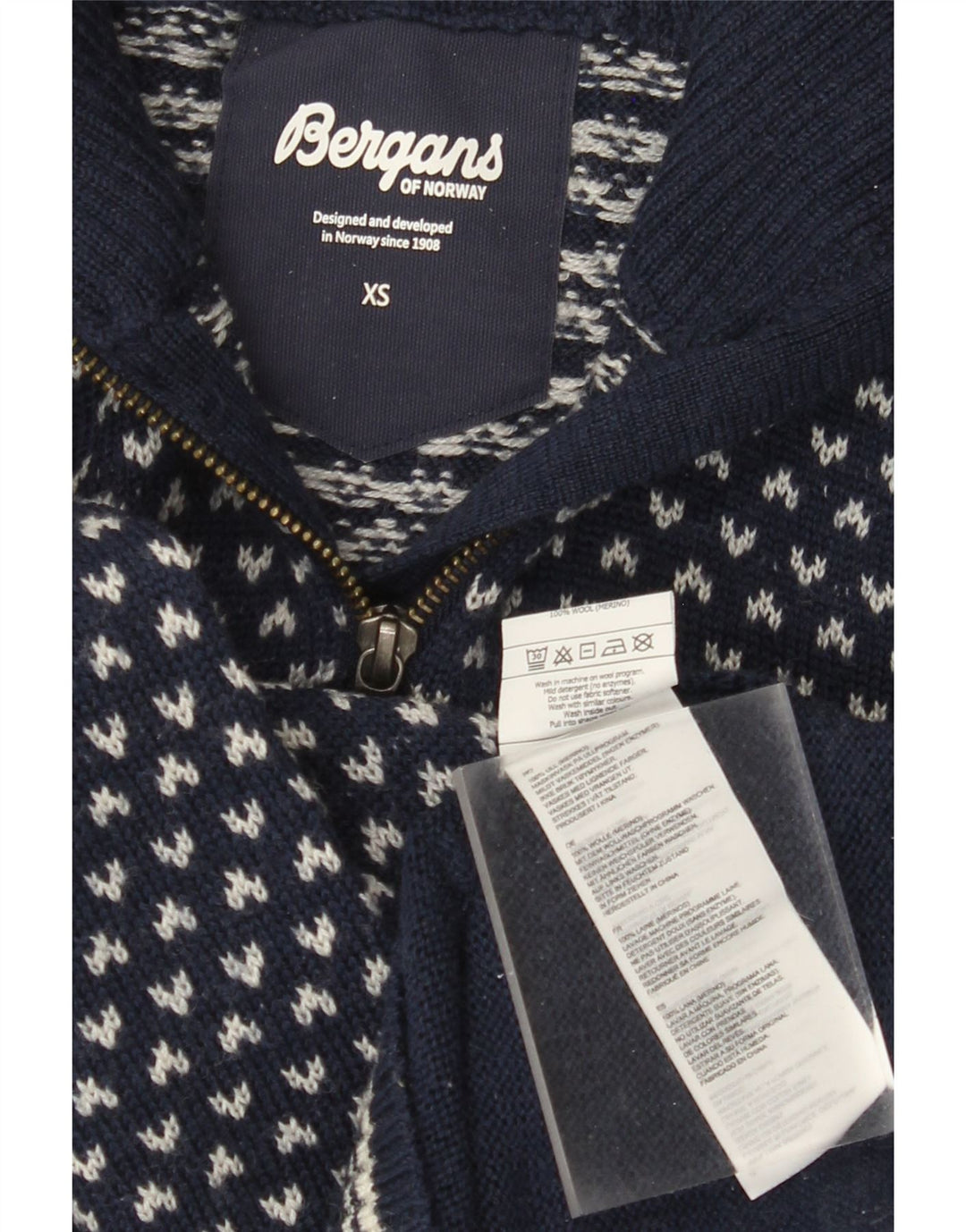 BERGANS Jersey con cuello y cremallera para hombre XS Azul marino Lana geométrica