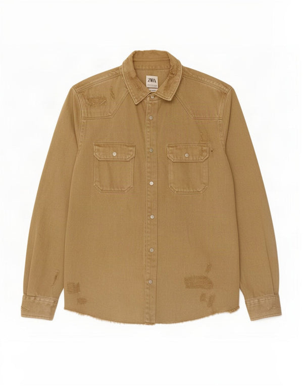Zara Hombre Camisa Vaquera De Corte Relajado Desgastado Algodón Beige Medio