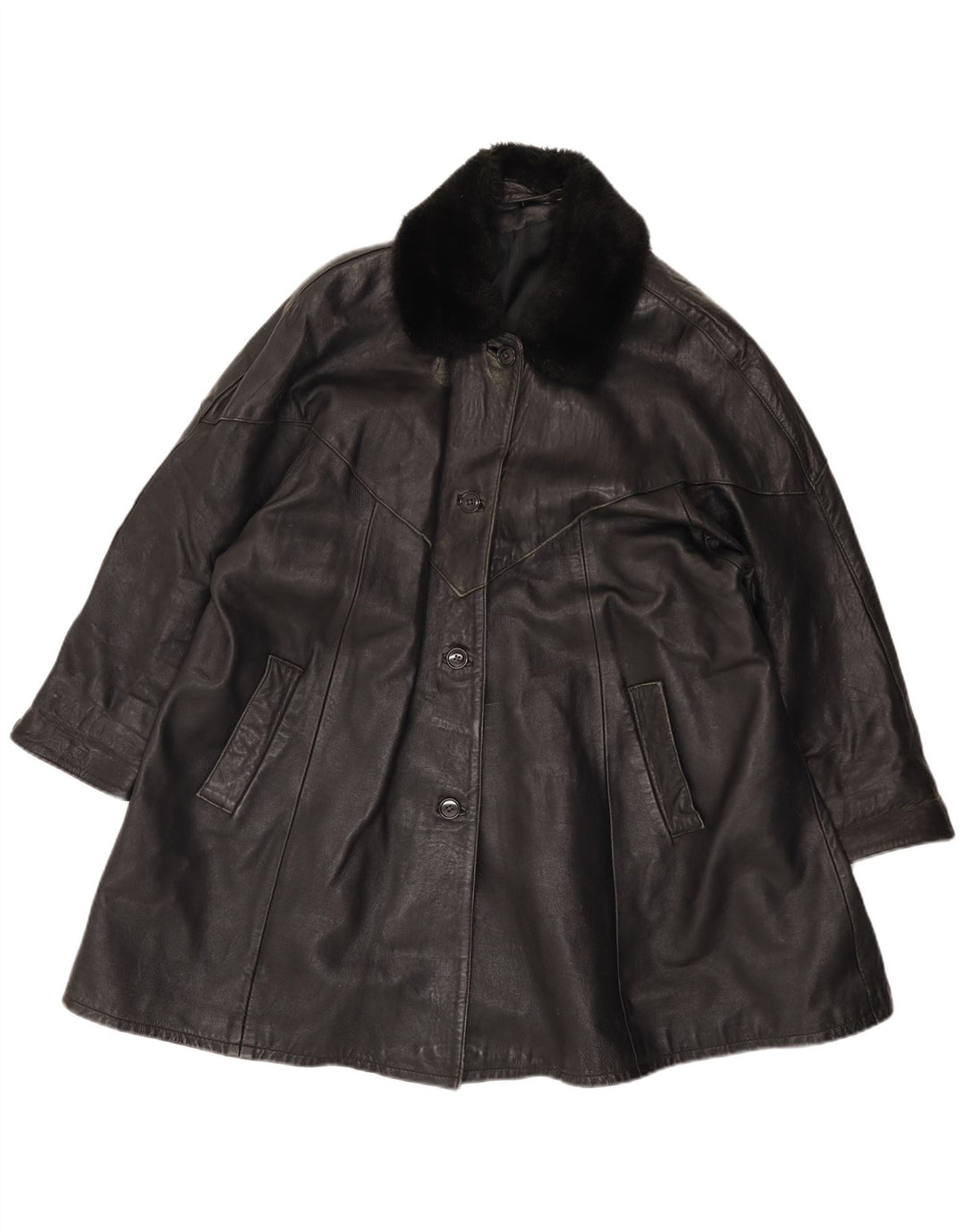 Vintage mujer cuero abrigo Reino Unido 14 grande negro