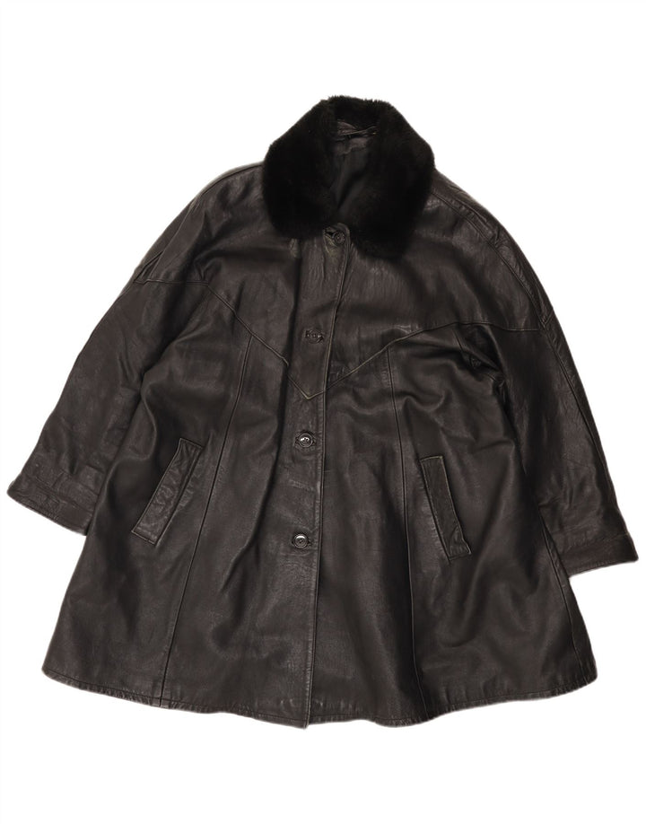 Vintage mujer cuero abrigo Reino Unido 14 grande negro