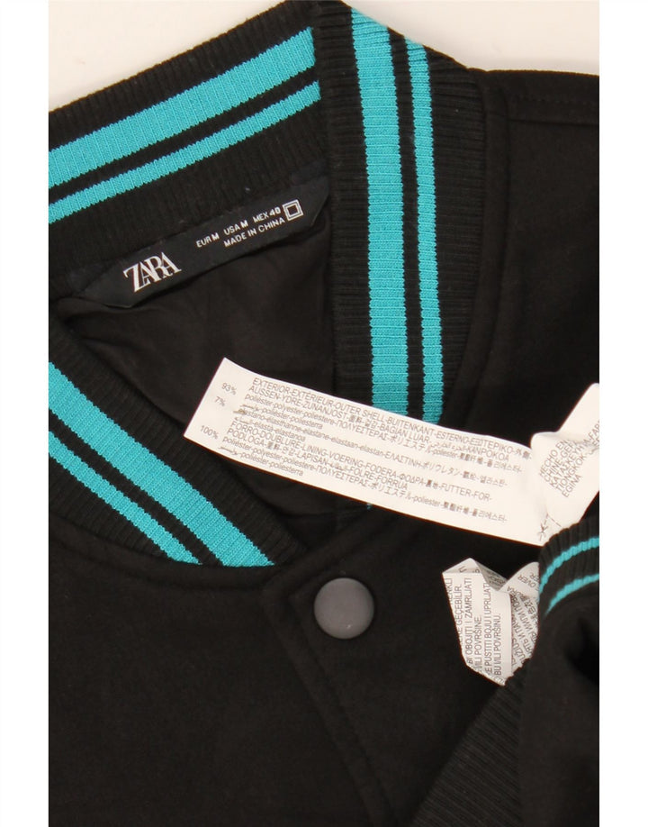 Zara Mens Graphic Varsity Jacket UK 38 Mediano Negro Poliéster
