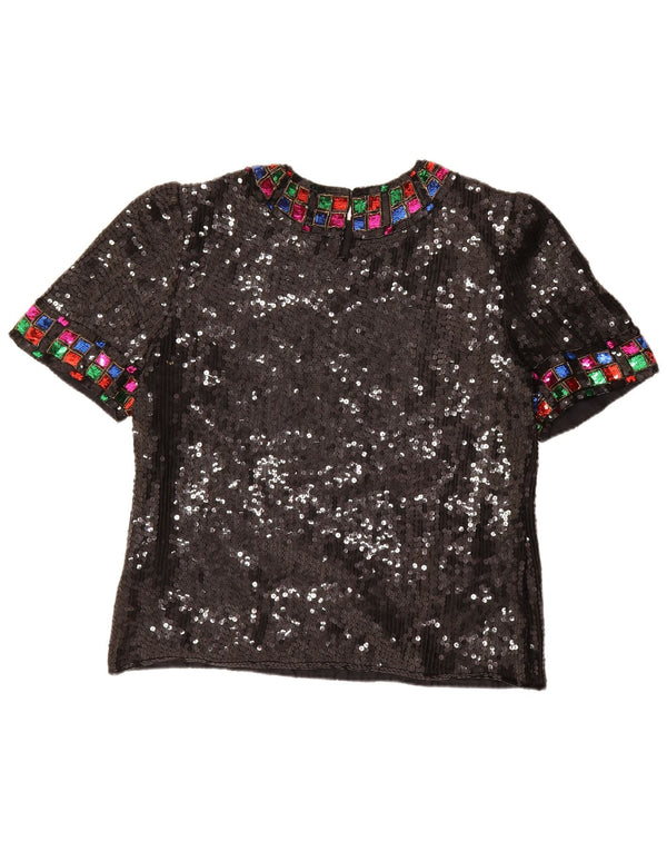 Vintage mujer lentejuelas blusa Top Reino Unido 16 grande seda negra