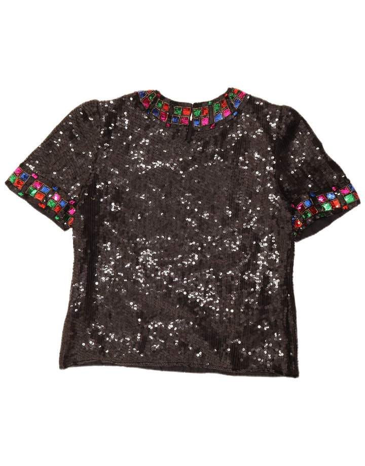 Vintage mujer lentejuelas blusa Top Reino Unido 16 grande seda negra