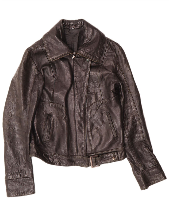 Chaqueta de cuero vintage para mujer IT 44 Biker de cuero negro mediano