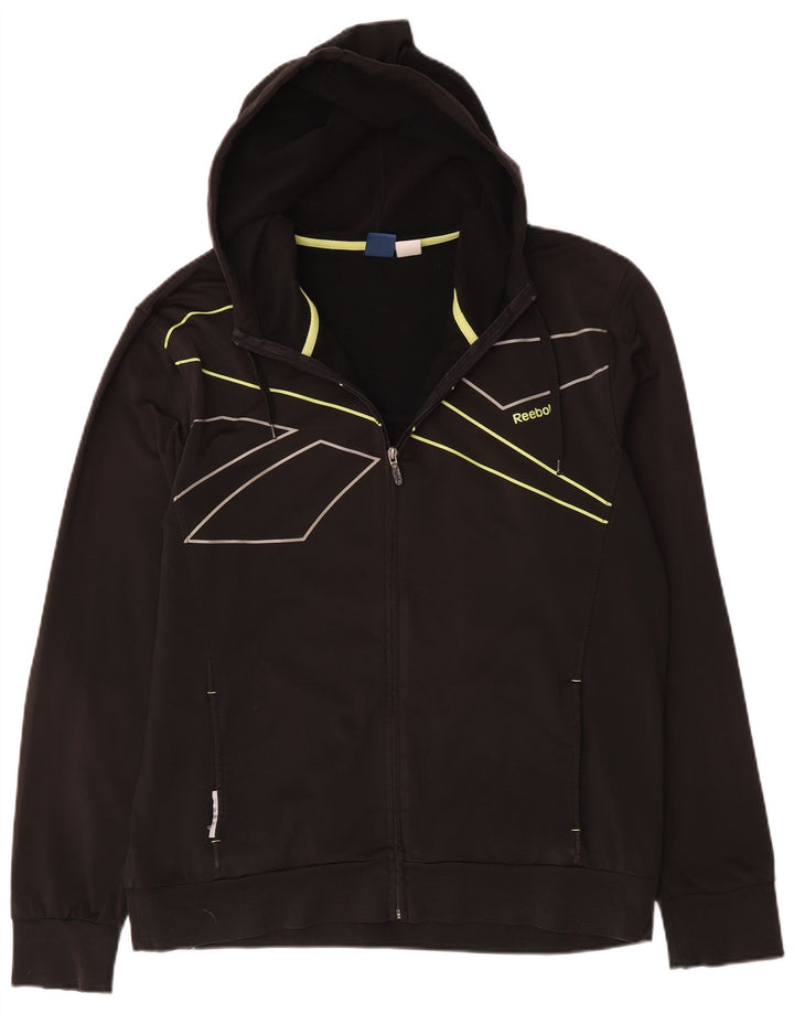 Reebok Sudadera con capucha y cremallera gráfica para hombre, tamaño grande, poliéster a rayas negras