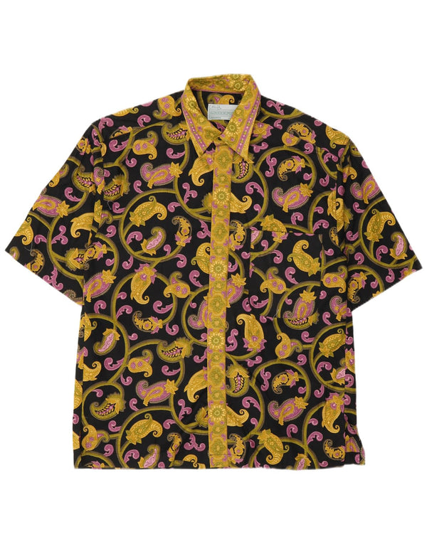 Vintage hombres camisa de manga corta medio negro paisley algodón