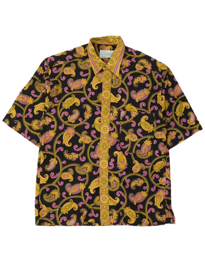 Vintage hombres camisa de manga corta medio negro paisley algodón