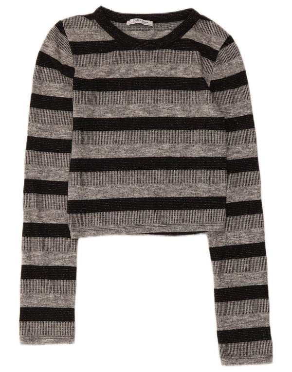 Zara Mujer Trafaluc Crop Top Manga Larga UK 8 Small Gris Rayas Poliéster