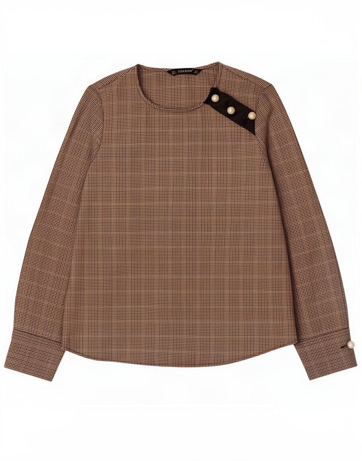 Zara Mujer Blusa De Manga Larga Top UK 10 Small Marrón Espiga Poliéster