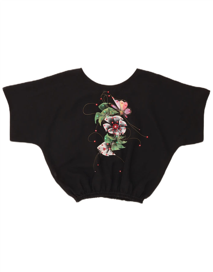 Vintage mujer crop blusa top Reino Unido 14 medio negro floral