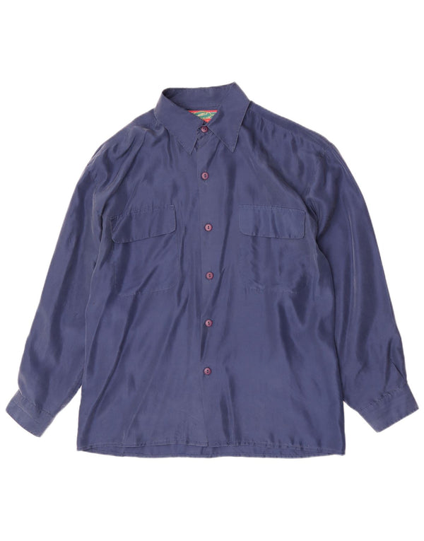 Camisa vintage para hombre de seda azul marino medio