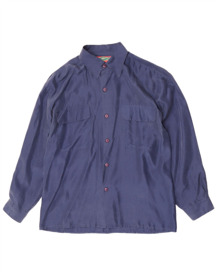 Camisa vintage para hombre de seda azul marino medio