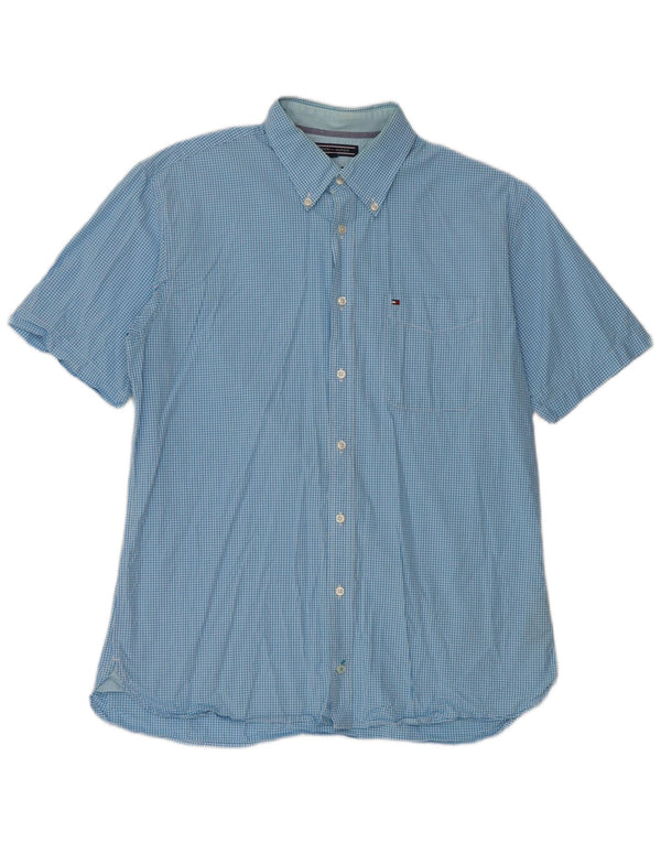 Camisa Tommy Hilfiger de manga corta con ajuste personalizado para hombre, algodón a cuadros azul grande