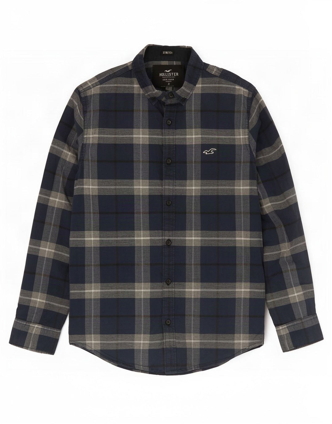 Camisa Hollister Stretch Hombre Pequeña Algodón A Cuadros Azul Marino