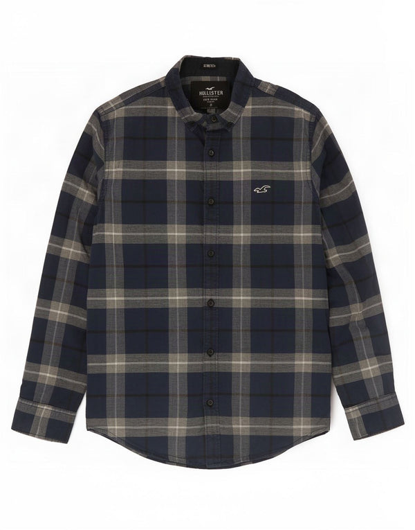Camisa Hollister Stretch Hombre Pequeña Algodón A Cuadros Azul Marino