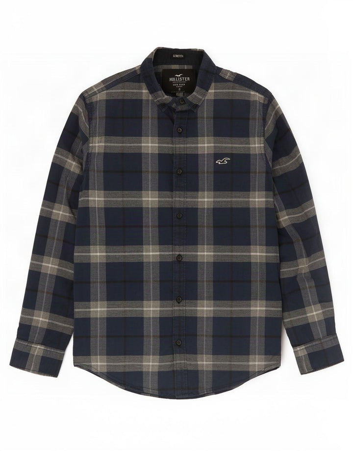 Camisa Hollister Stretch Hombre Pequeña Algodón A Cuadros Azul Marino