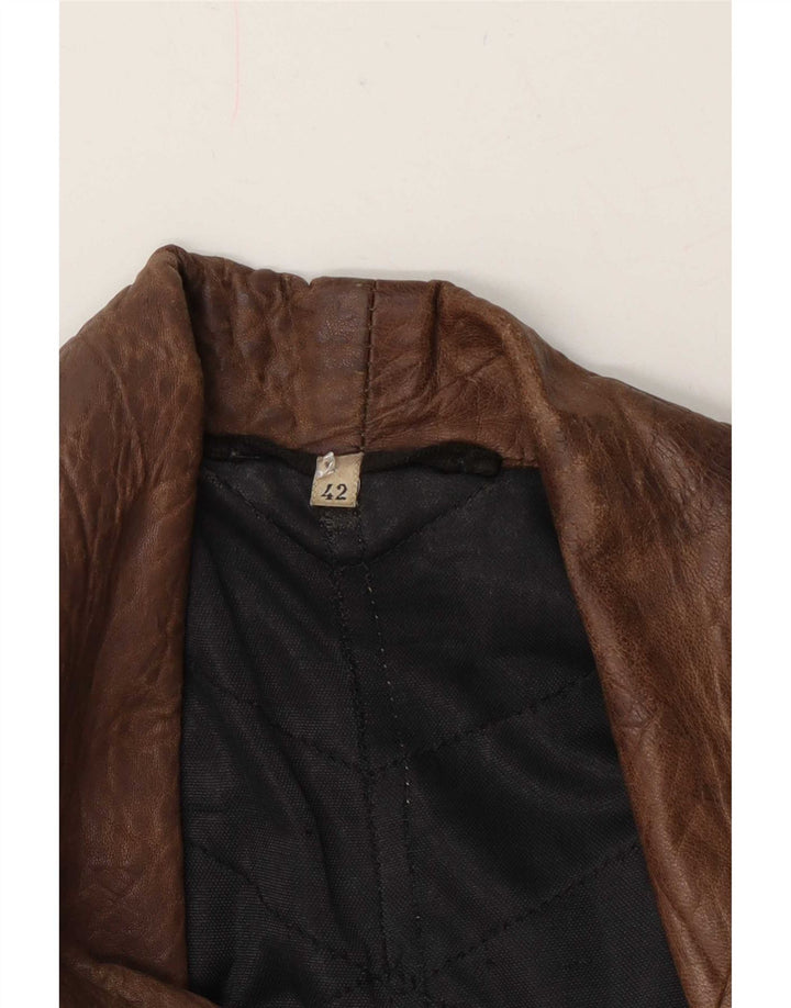 Vintage mujer doble pecho chaqueta de cuero EU 42 gran patchwork marrón