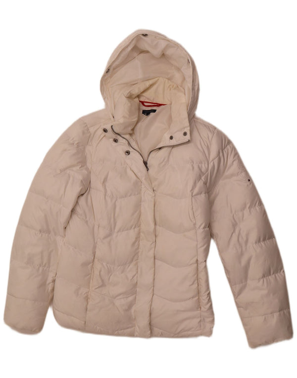 TOMMY HILFIGER Chaqueta acolchada con capucha para mujer UK 40 Mediana Poliéster blanco