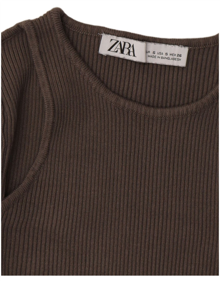 ZARA Suéter Corto con Cuello Barco para Mujer UK 8 Small Marrón