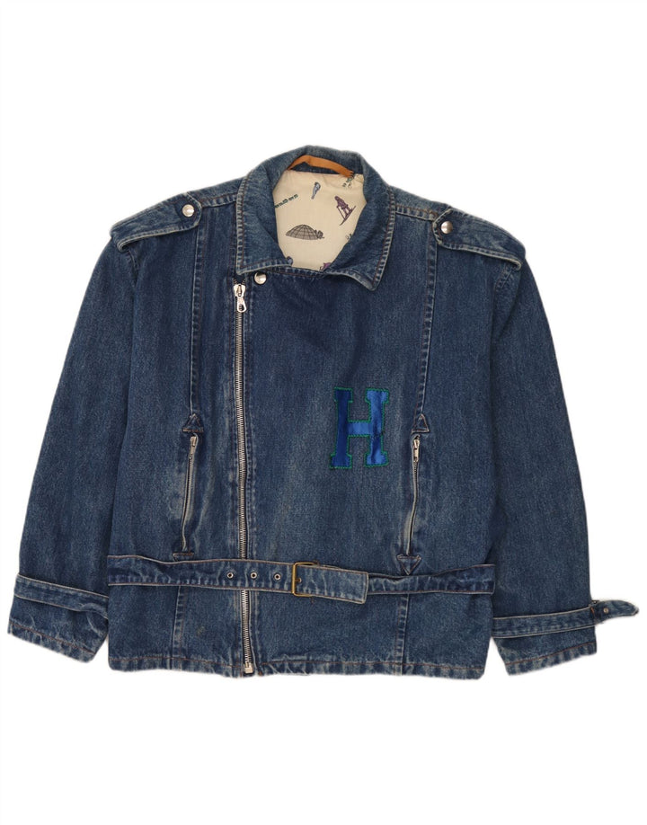 Vintage hombres denim biker chaqueta Reino Unido 40 azul grande
