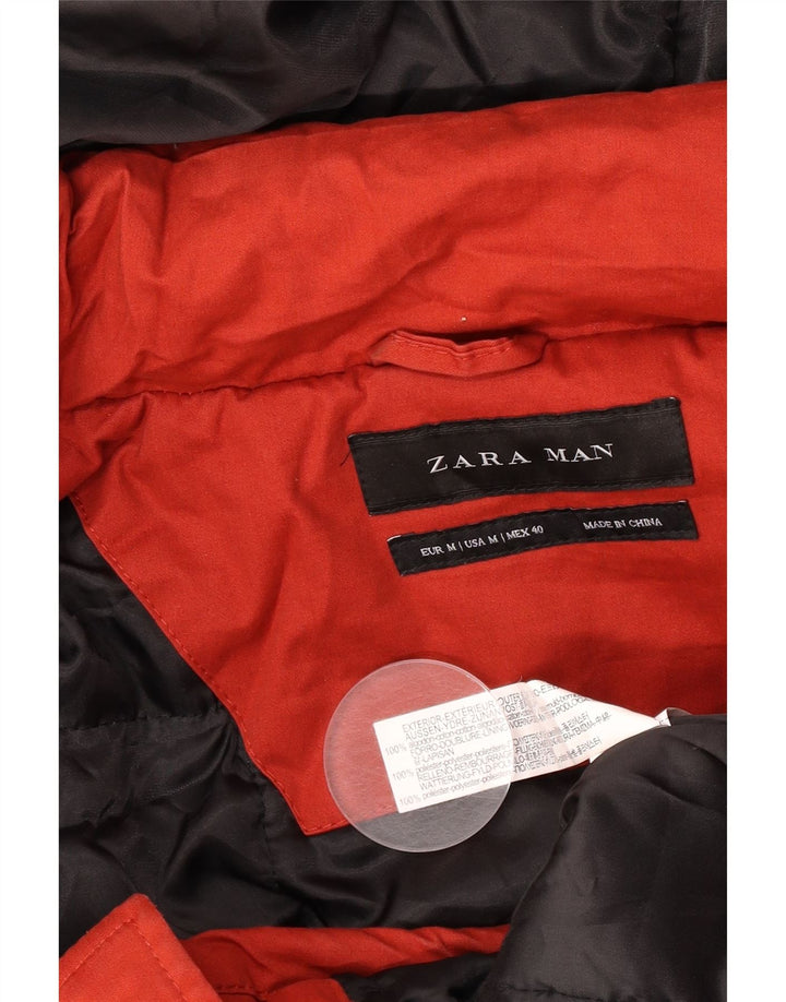 Zara Hombre Chaqueta Parka Con Capucha UK 38 Medium Rojo Algodón