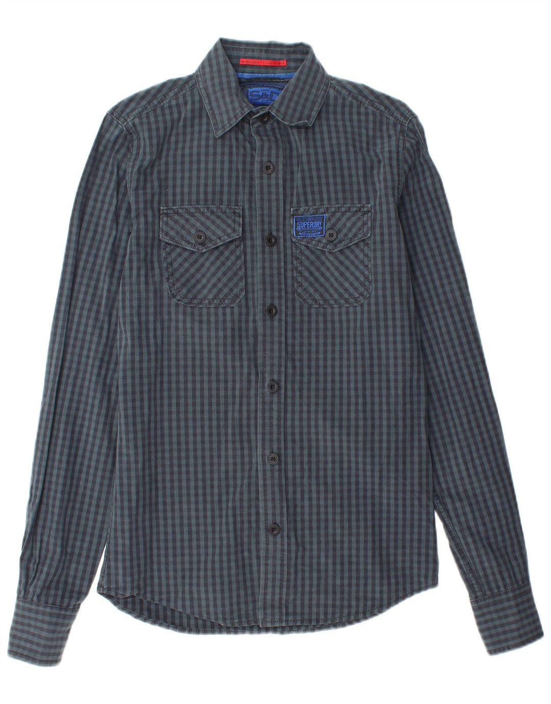 SUPERDRY Camisa de hombre pequeña de algodón a cuadros azul marino